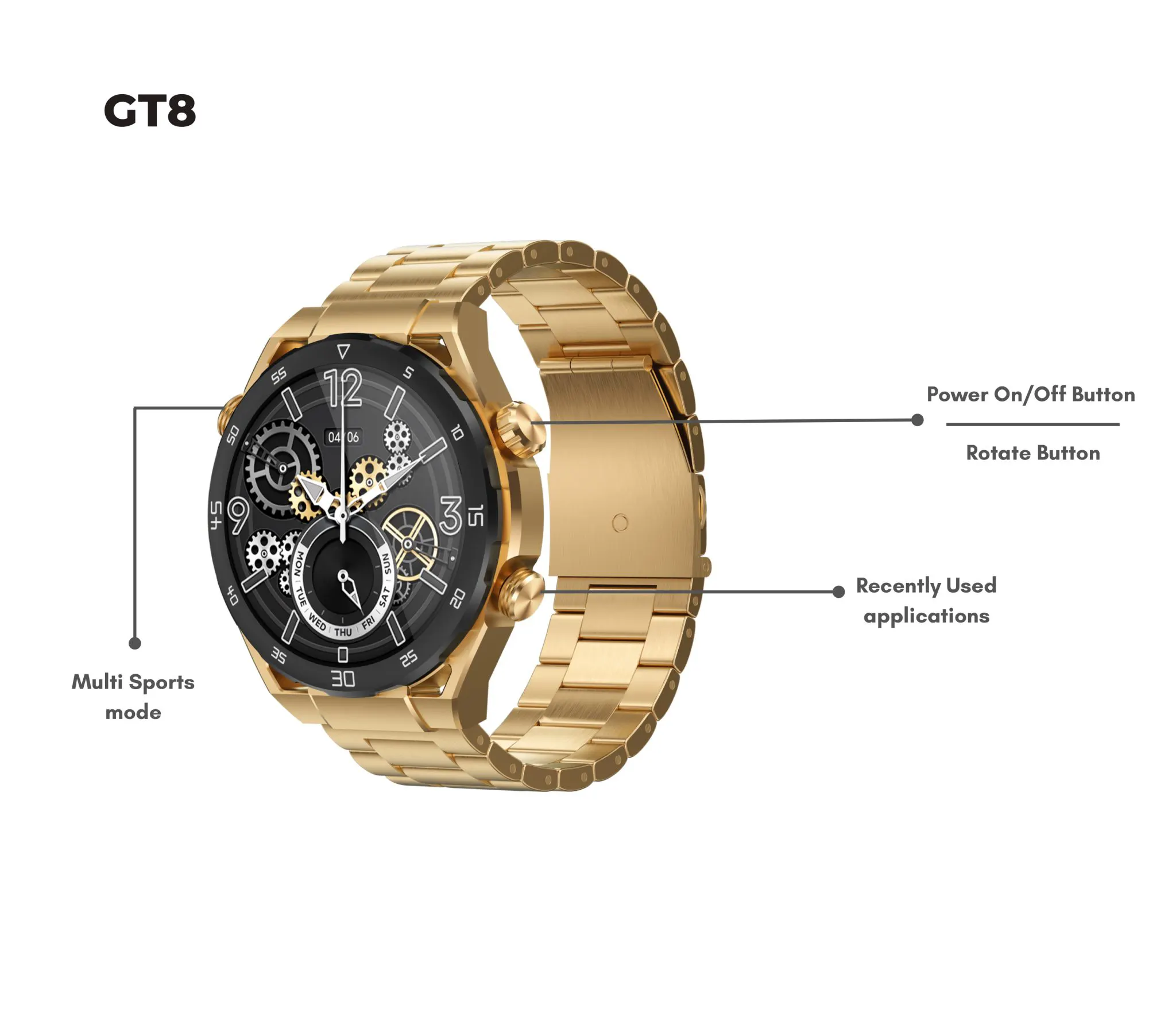 G-Tab Smart Watch, 1.43 inch AMOLED touch screen, water resistant, 300 mAh battery, gold, GT8