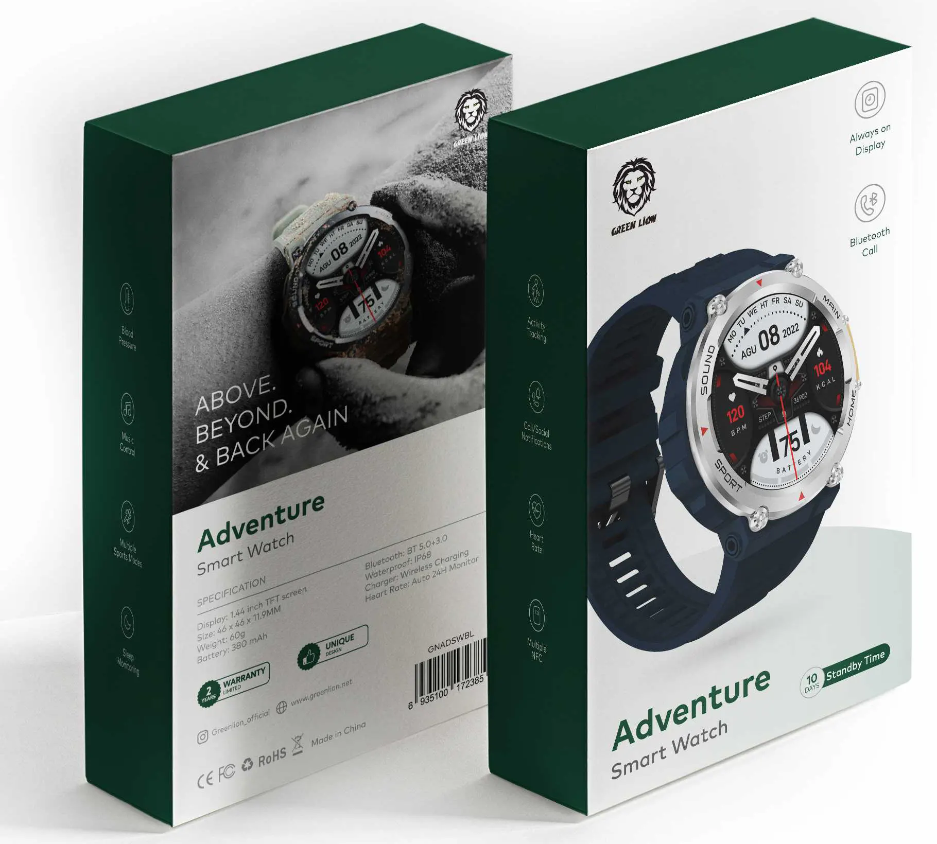 Green Lion Adventure Smart Watch, 1.44 inch touch screen, water resistant, 380 mAh battery, blue, GNADSWBL