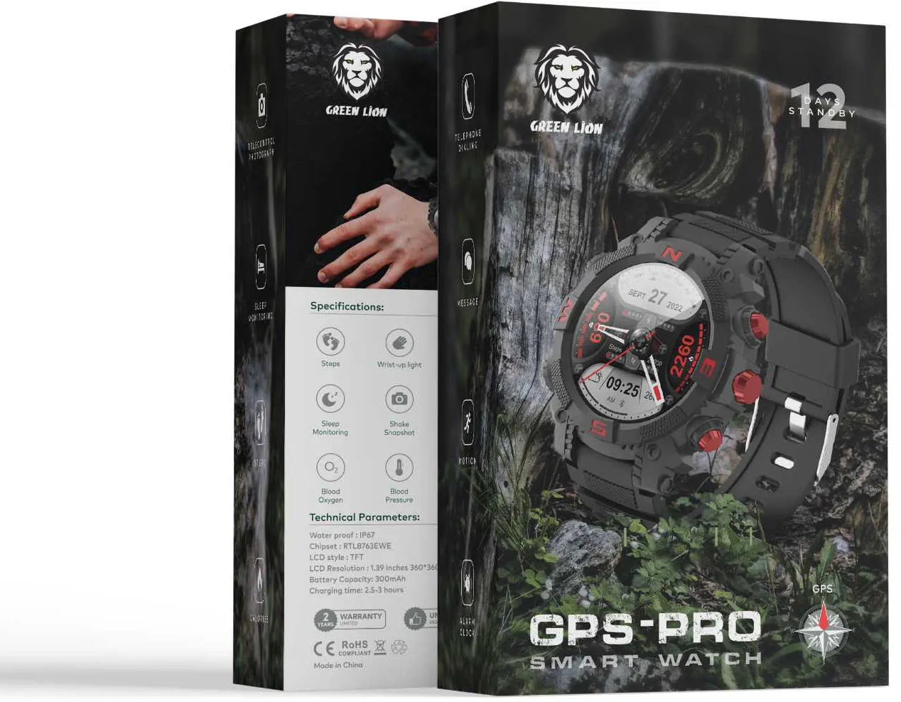 ساعة جرين ليون الذكية ،شاشة 1.39 بوصة تعمل باللمس، مقاومه للماء ،بطارية 300 مللي أمبير،أسود،GPS-PRO