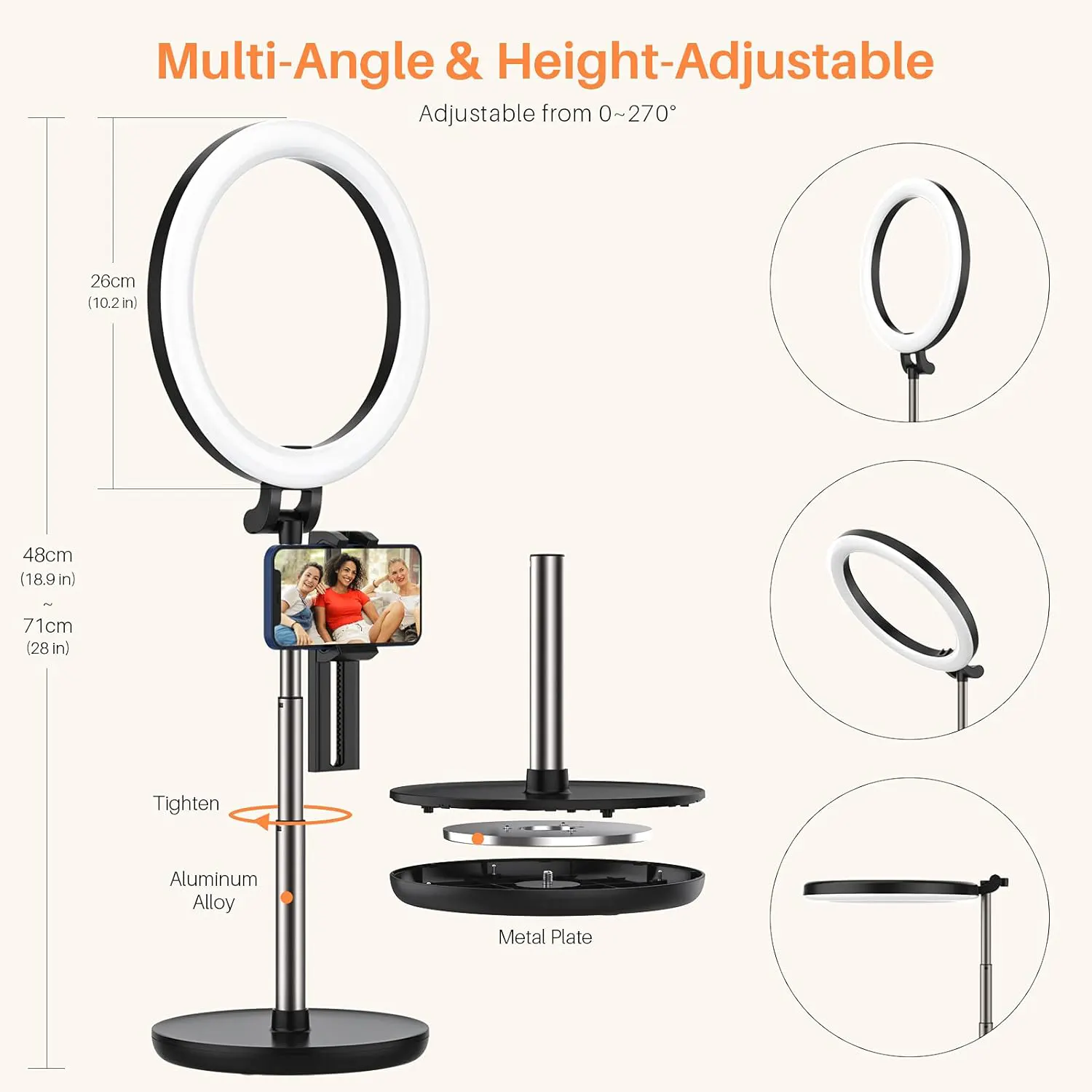 Ring Light Yoozon with camera stand, size 26 cm, 10 types of lighting, black, WS-20019