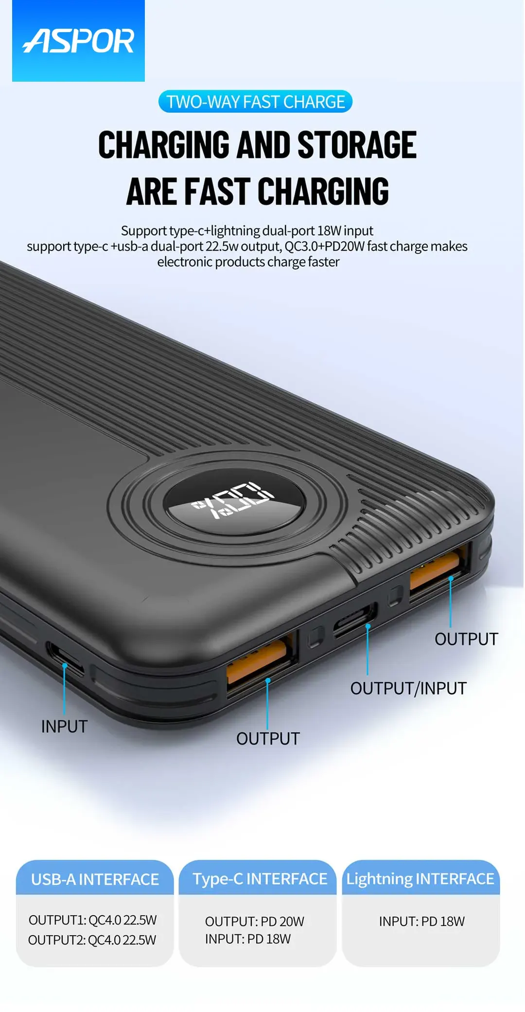 باور بانك أسبور، 10000 مللي أمبير، 5 فولت، 22.5 وات، أسود، A320