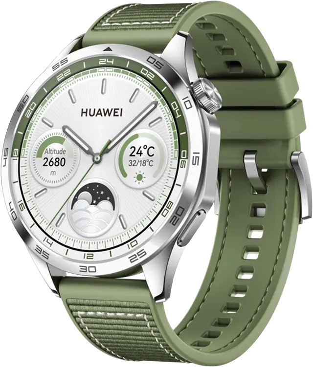 ساعة هواوي الذكية GT4 ، شاشة اموليد 1.43 بوصة، سوار منسوج، مقاومة للماء، لون اخضر + (هواوي فري بودز إس إي 2 هدية)
