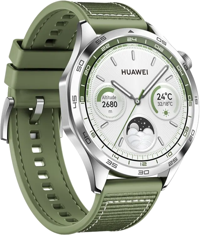 ساعة هواوي الذكية GT4 ، شاشة اموليد 1.43 بوصة، سوار منسوج، مقاومة للماء، لون اخضر + (هواوي فري بودز إس إي 2 هدية)