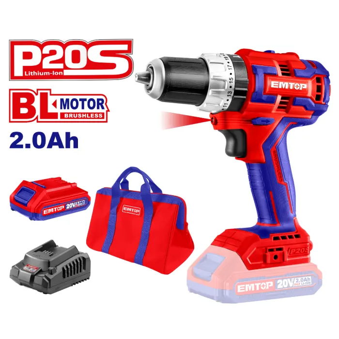 Emtop cordless drill, 20 volt, 2 batteries + bag, ECIDL20812