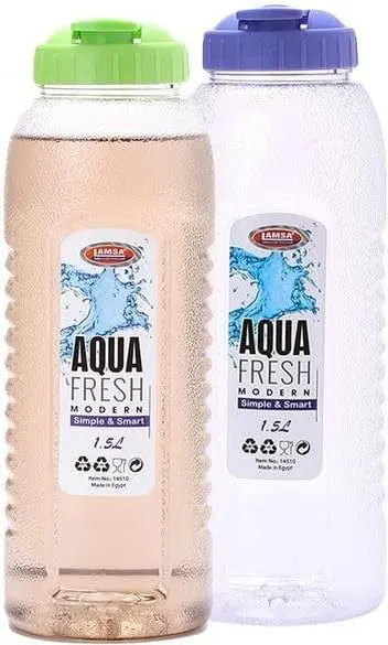 Aqua plastic refrigerator water bottle, snap cap, 1.5 liters, transparent