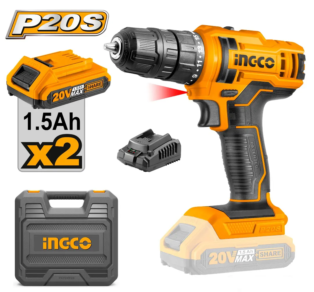 Ingco drill, 20 volts, 1.5 amps, 2 batteries, CDLI20028