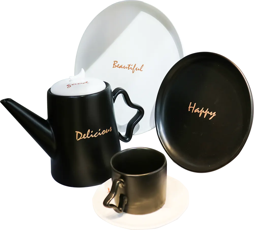 طقم شاي وجاتوه بورسلين دائري، 24 قطعة، أسود في أبيض