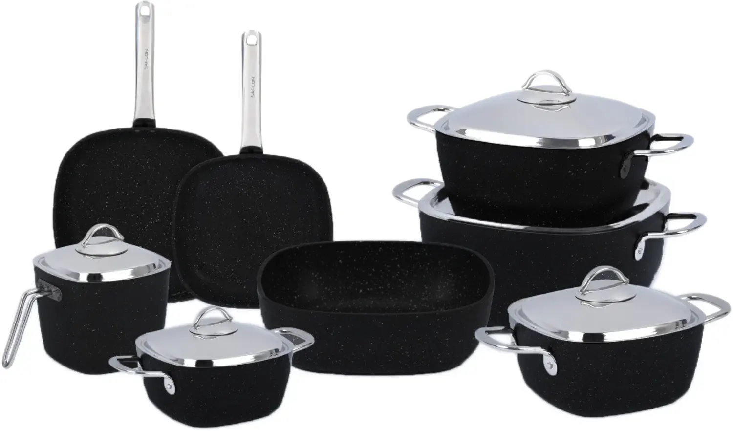 Saflon square titanium cookware set with steel handle, 13 pieces, black