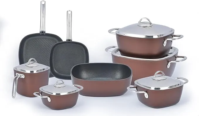 طقم حلل تيتانيوم مربع سافلون بيد استيل، 13 قطعة ،موكا