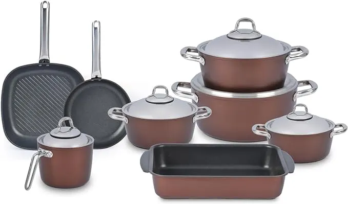 طقم حلل تيتانيوم مدور سافلون بيد استيل، 13 قطعة ،موكا