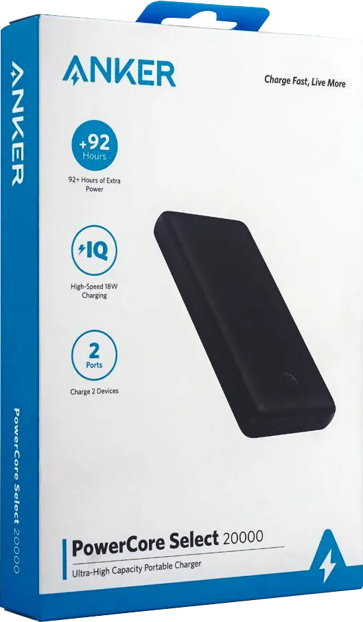 Anker PowerCore Select Portable Power Bank Charger, 20,000 mAh Battery, 18 Watt, 5 Volt, Black, A1363H11