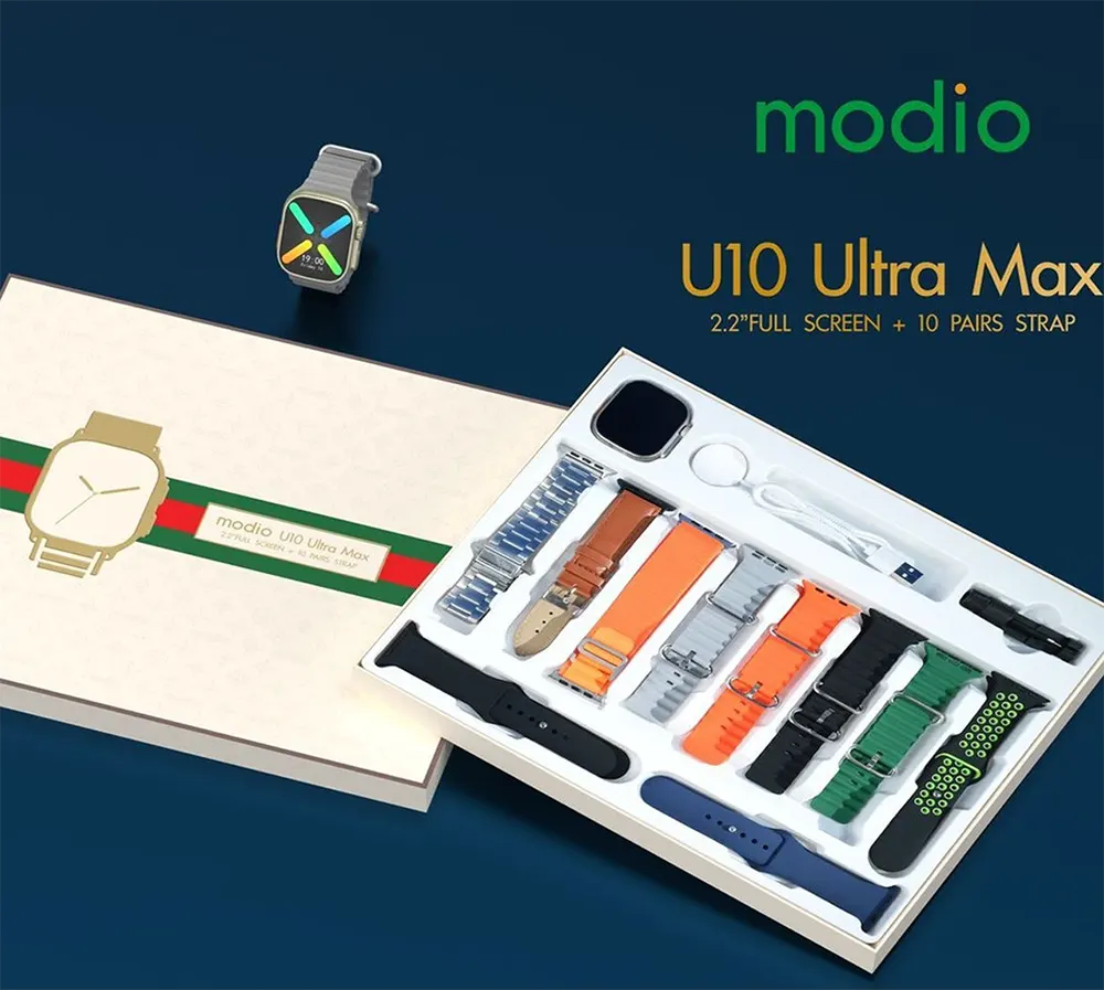 ساعة موديو يو 10 ألترا ماكس الذكية ، شاشة كاملة تعمل باللمس 2.2 بوصة، 10 أزواج أحزمة، بطارية 680 مللي أمبير، متعددة الألوان