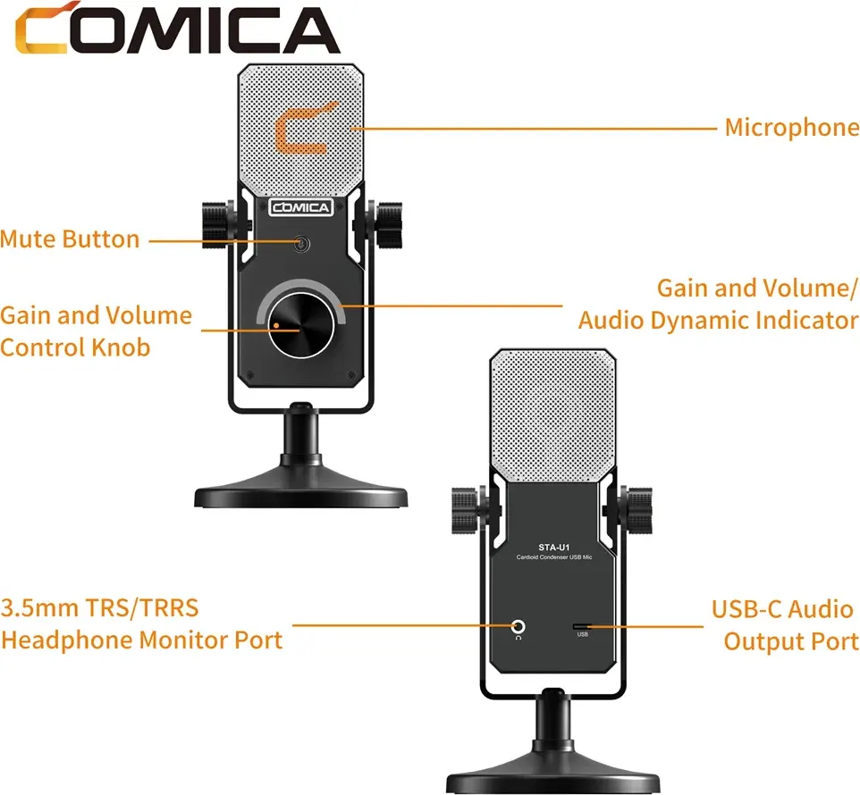 Comica Cardioid Condenser Microphone, USB TYPE C , RGB Light Ring, Black, STA-U1
