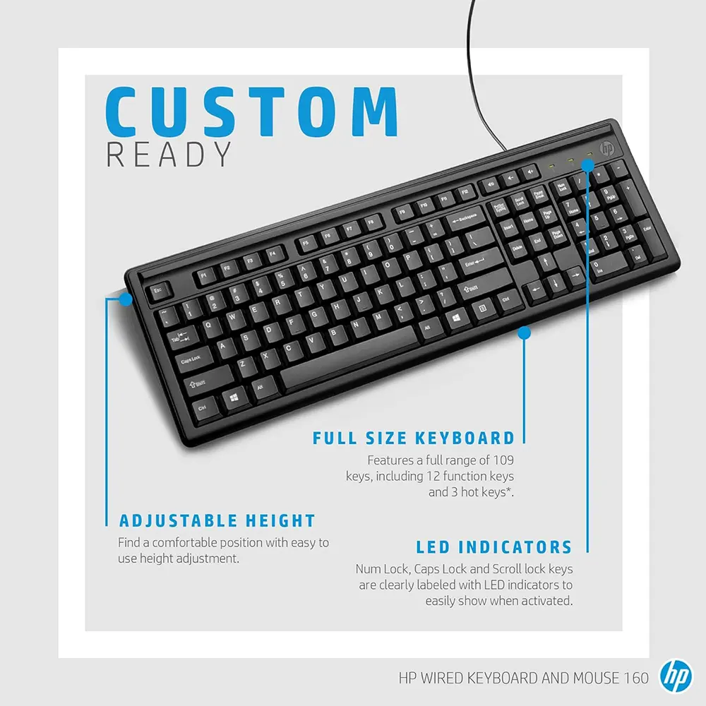 HP Wired Keyboard and Mouse Combo Set USB 2.0 , Black, 160