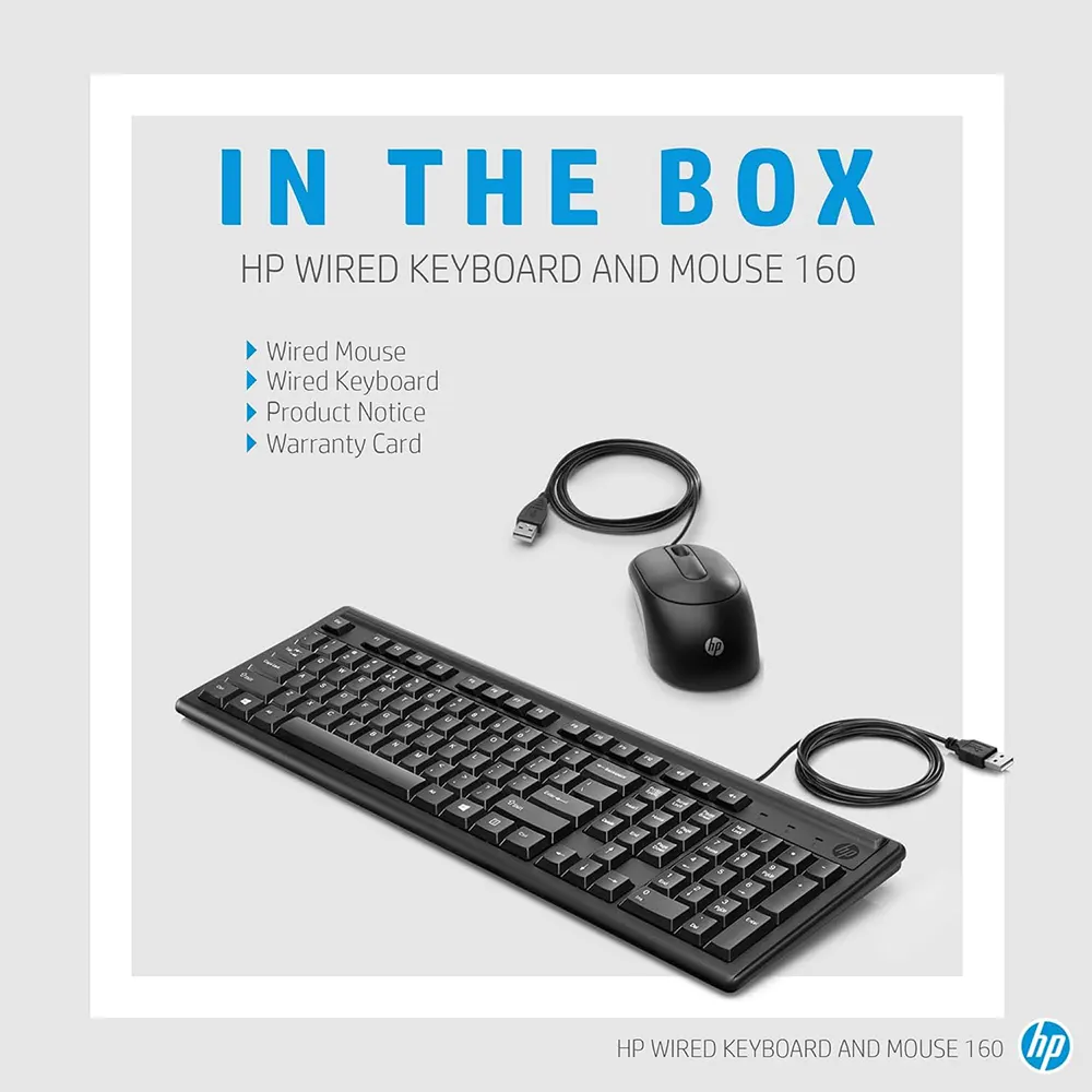 HP Wired Keyboard and Mouse Combo Set USB 2.0 , Black, 160