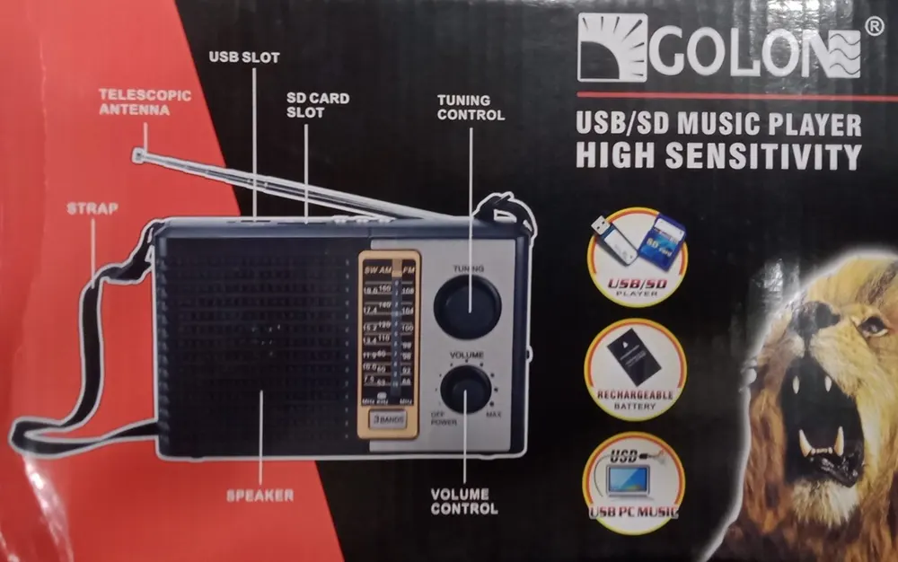 Golon Portable Radio, 3 Bands, USB, Rechargeable, Black, F10