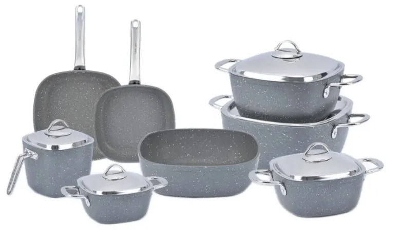 Saflon square titanium cookware set with steel handle, 13 pieces, grey