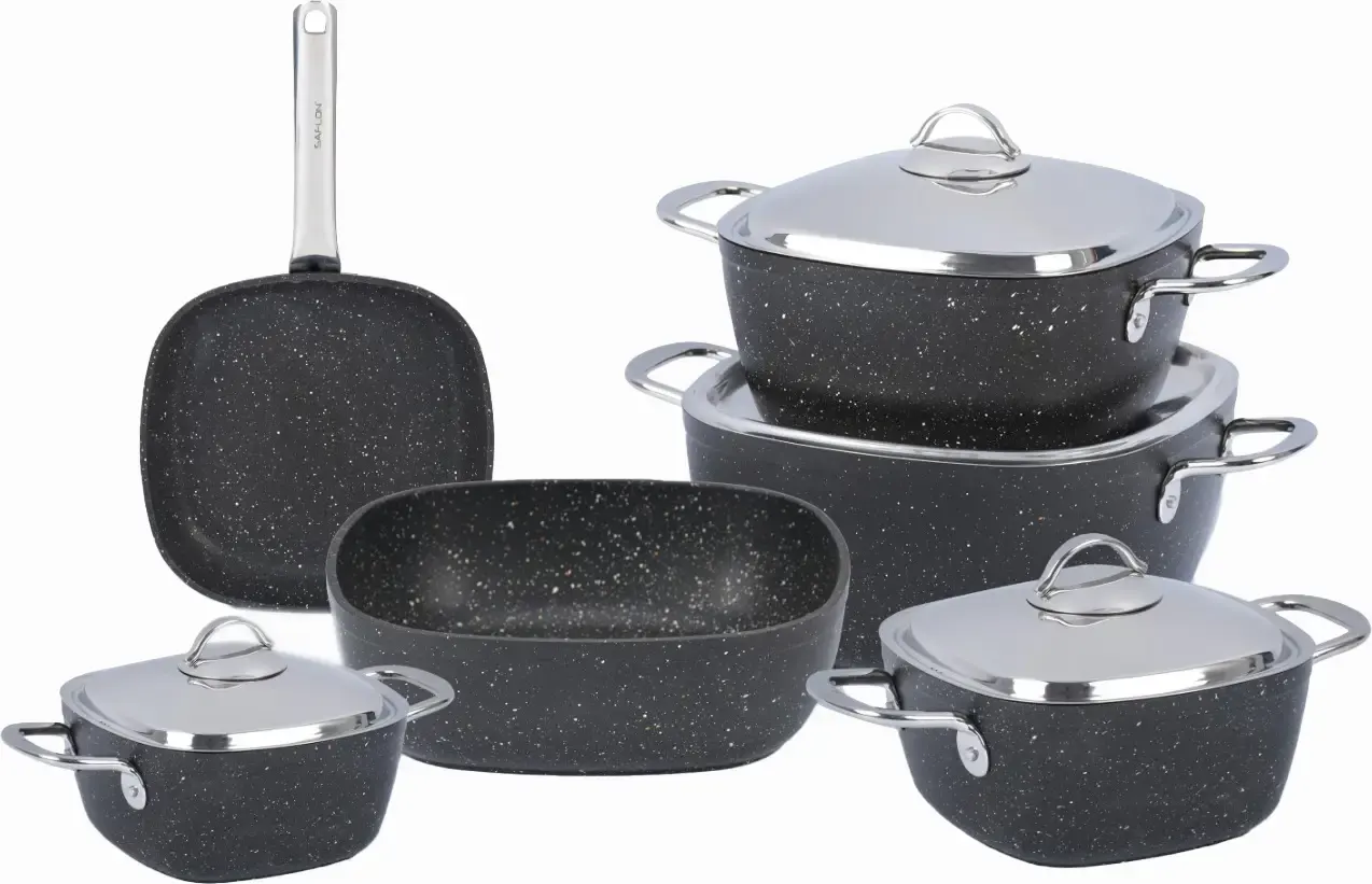 Saflon square granite cookware set with steel handle, 10 pieces, grey