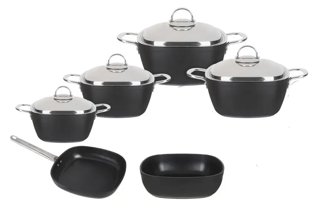 Saflon square titanium cookware set with steel handle, 10 pieces, black
