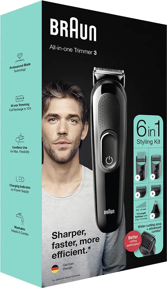 Braun Hair and Beard Trimmer, Rechargeable, Washable , Black, MGK3320