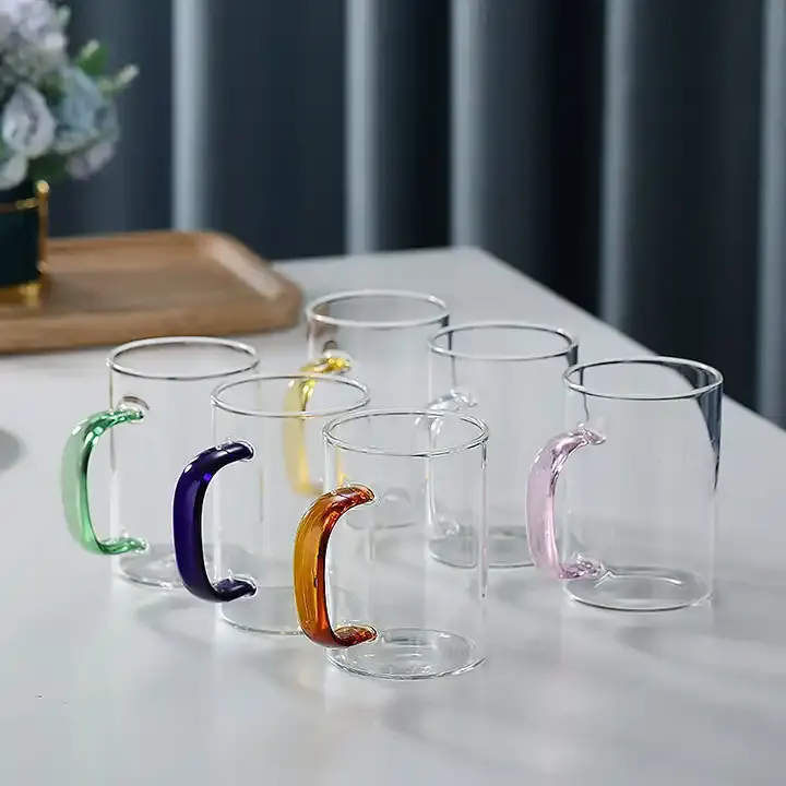 6-Piece Clear Mug Set with Colorful Handles