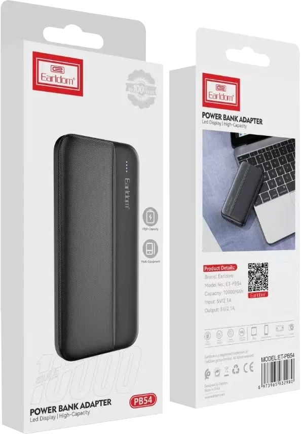 Earldom Power Bank, 10000mAh, USB Type-C, Black, ET-PB54