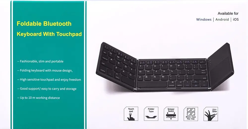 Foldable Bluetooth Keyboard With Touchpad, Rechargeable,  Black