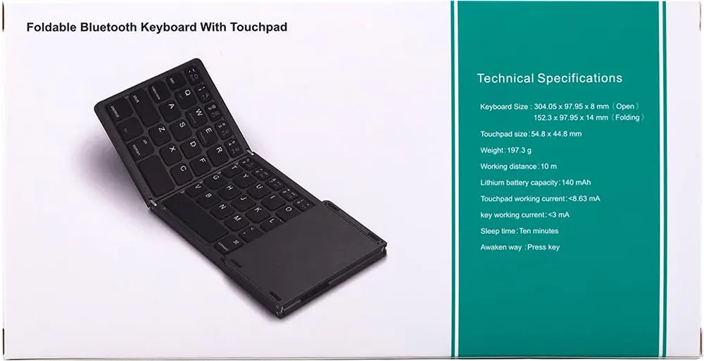 Foldable Bluetooth Keyboard With Touchpad, Rechargeable,  Black