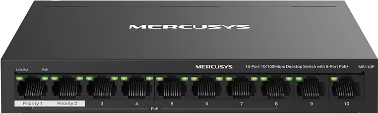 Mercusys 10 Port Ethernet Desktop Switch 10-100Mbps, With 8 Port POE+, Black, MS110P