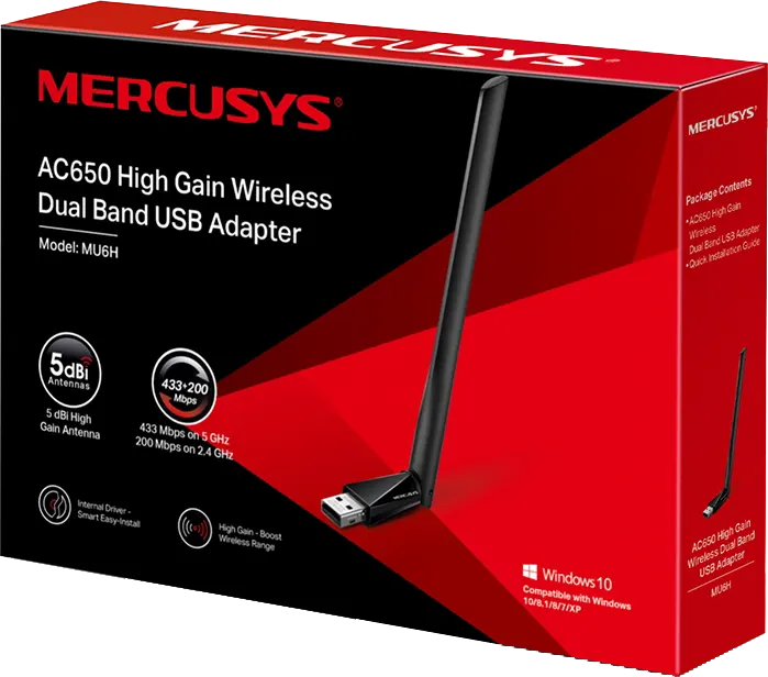 Mercusys Wireless Adapter, Dual Band, USB 2.0, 150-200Mbps, Black, AC650-MU6H