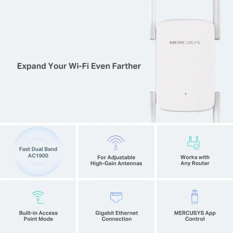 Mercusys WiFi Range Extender, Dual Band, 600-1300 Mbps, White, AC1900-ME50G