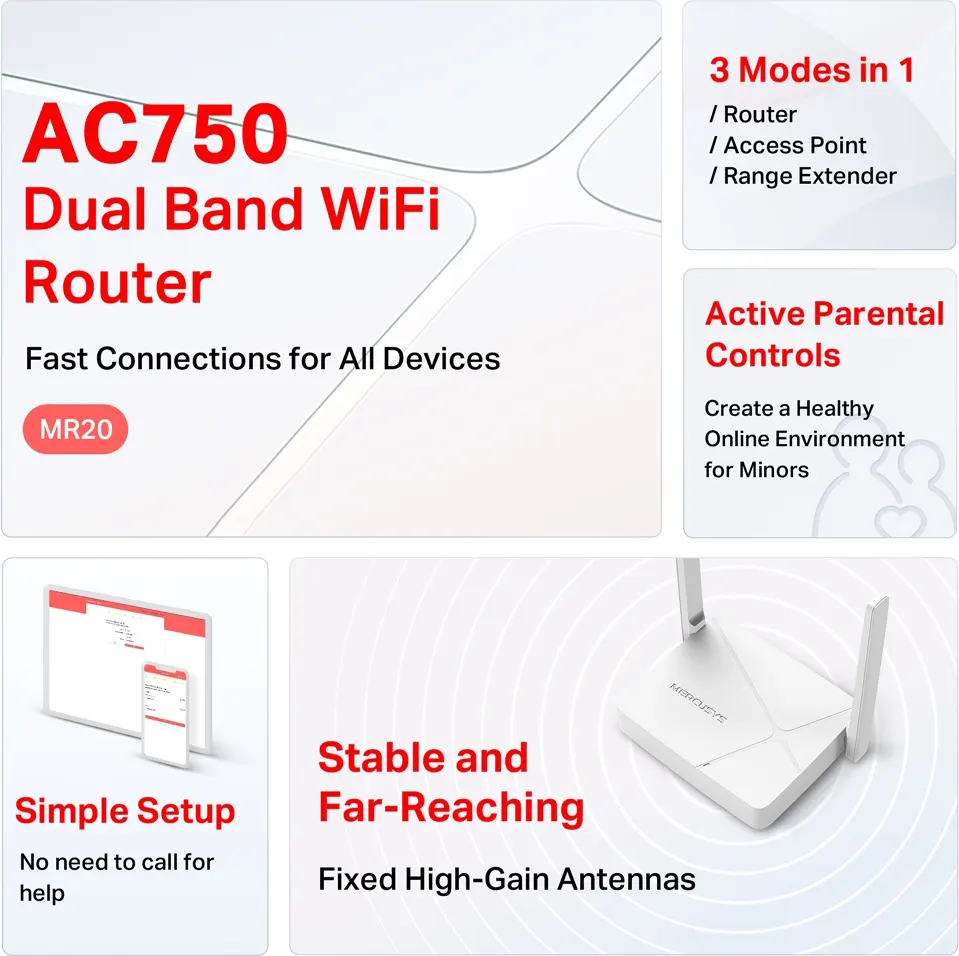 Router Mercusys Dual Band, 300 Mbps, WI-FI, White, AC750-MR20