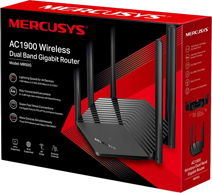 Mercusys Router, Dual Band, 600-1300 Mbps, WI-FI, Black, AC1900-MR50G
