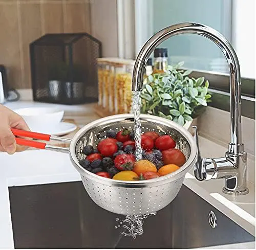Small stainless steel strainer with red handle