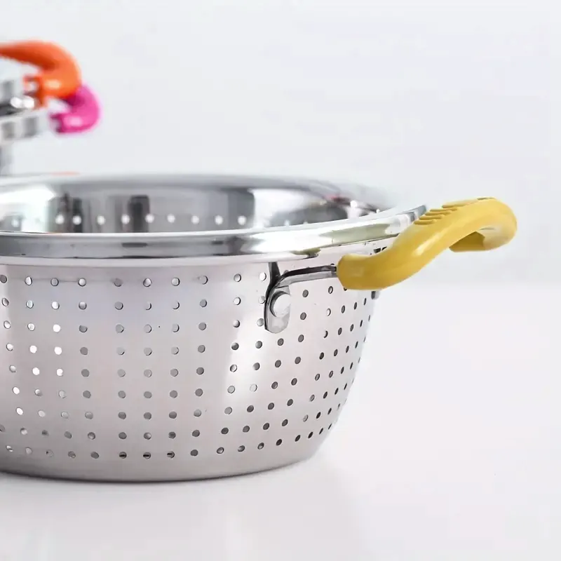 Small stainless steel strainer with plastic handle, yellow