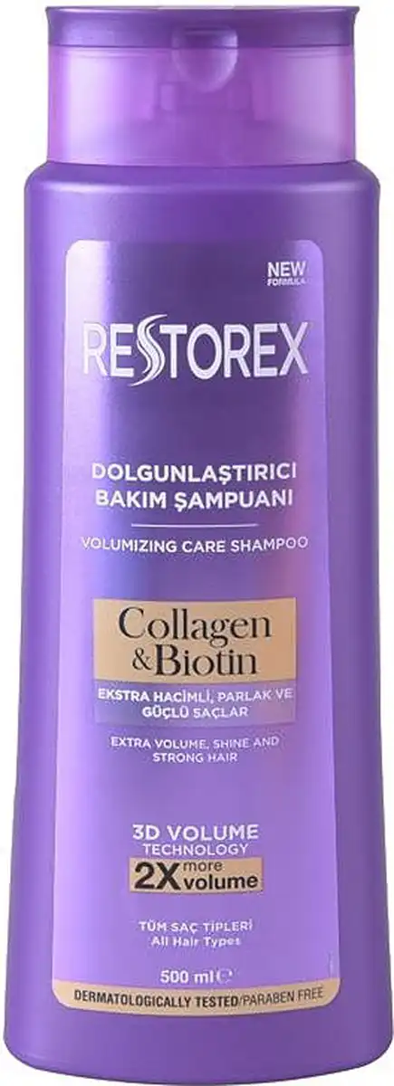 Restorex hair volumizing shampoo containing collagen and biotin, suitable for all hair types 500 Ml