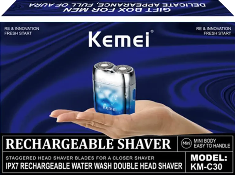 Kemei Beard Shaver, Rechargeable, Washable, Silver, KM-C30