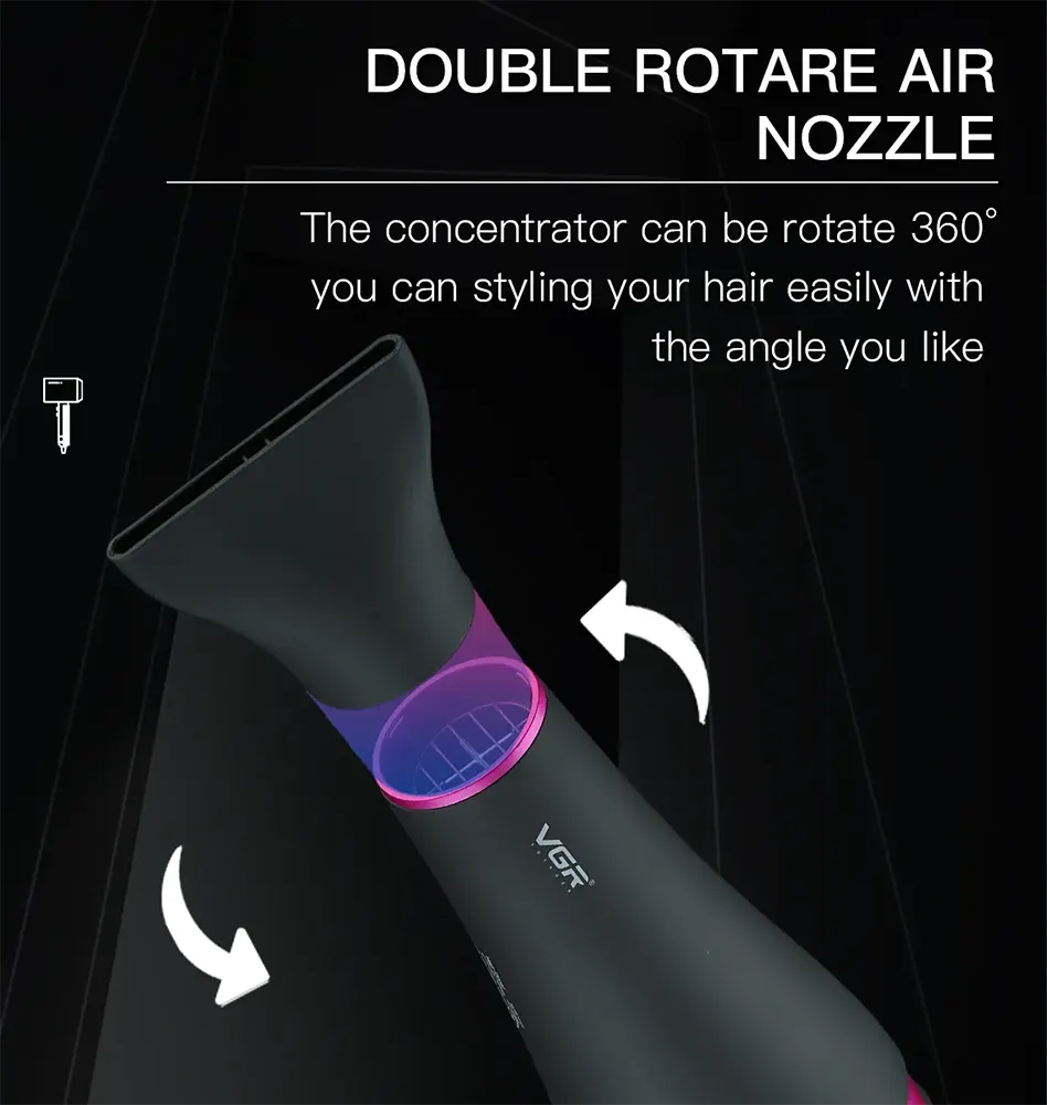 VGR Hair Dryer, Power 2200 Watts, Two Speeds, Black, V-402