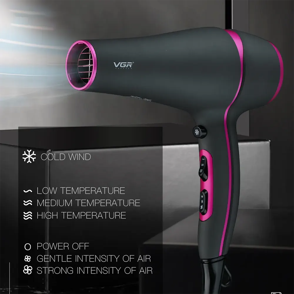 VGR Hair Dryer, Power 2200 Watts, Two Speeds, Black, V-402