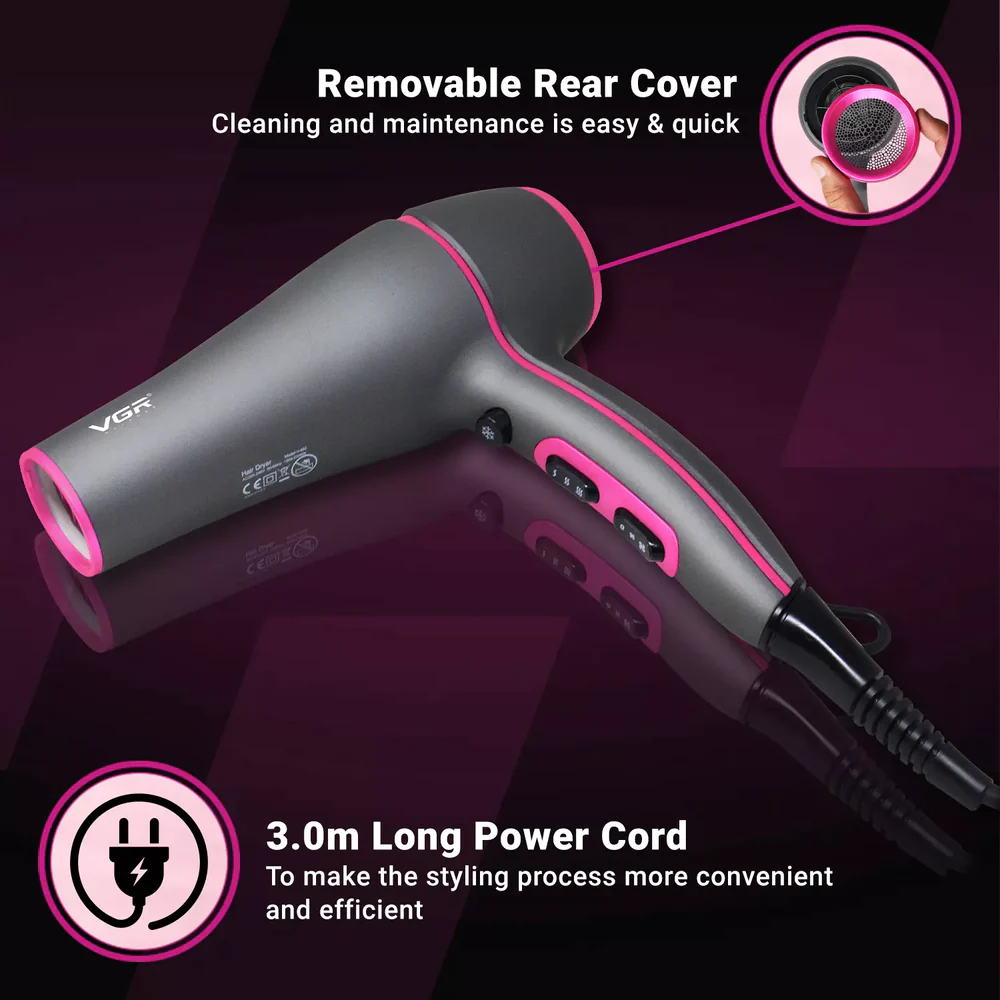 VGR Hair Dryer, Power 2200 Watts, Two Speeds, Black, V-402