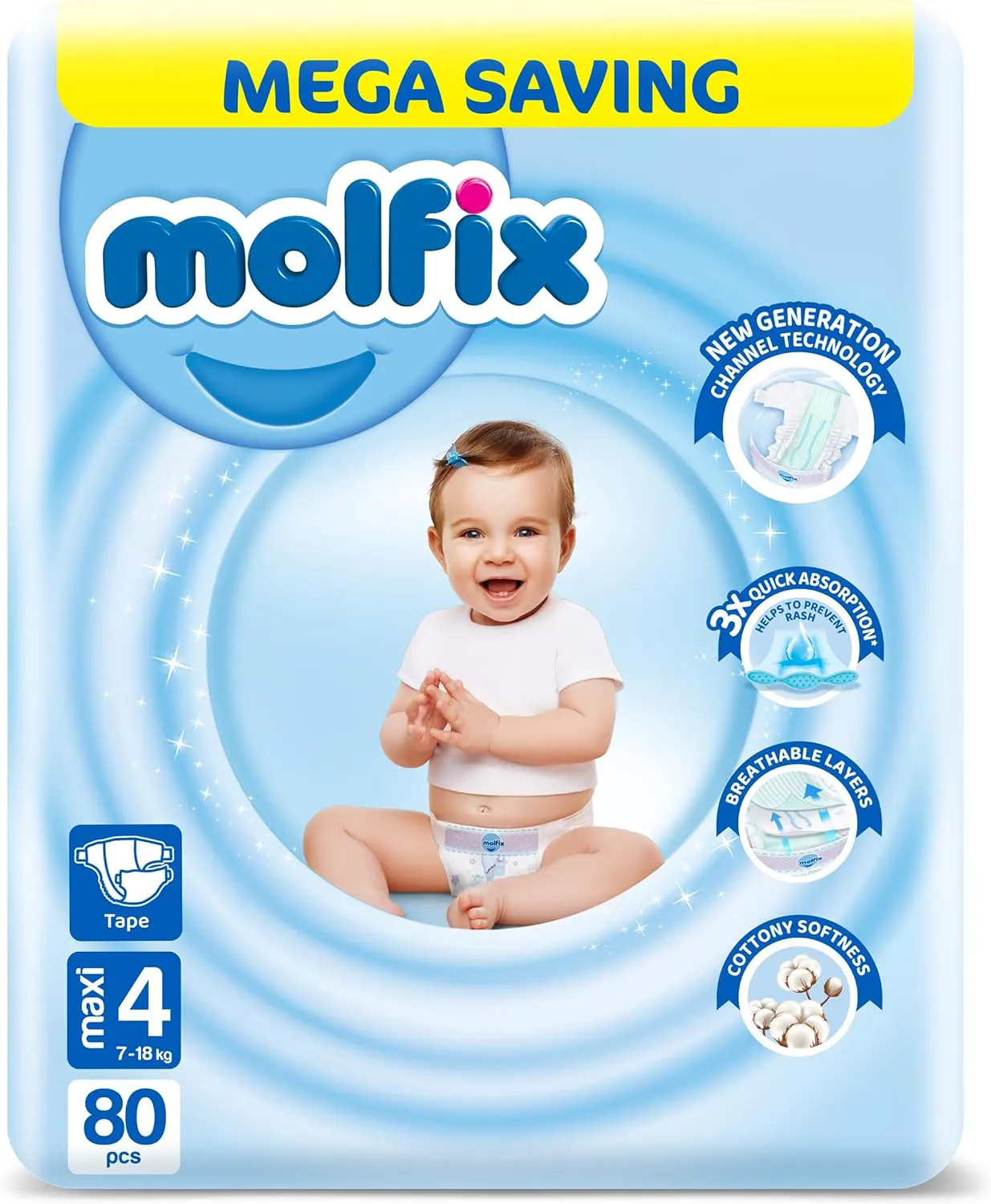 حفاضات مولفيكس للاطفال مقاس 4 ، 7 - 18 كجم ، 80 حفاضة