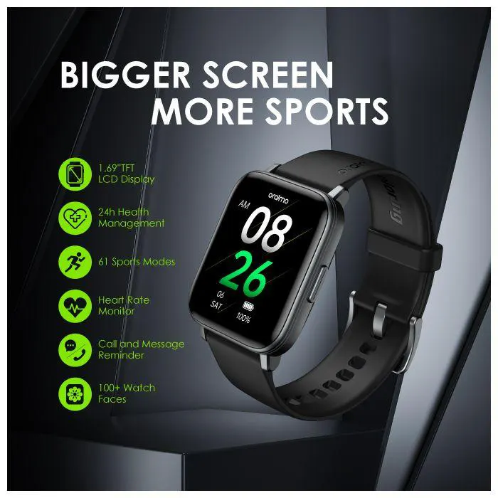 Oraimo Lite Smart Watch, 1.69 inch touch screen, water resistant, 290 mAh battery, black, OSW-18