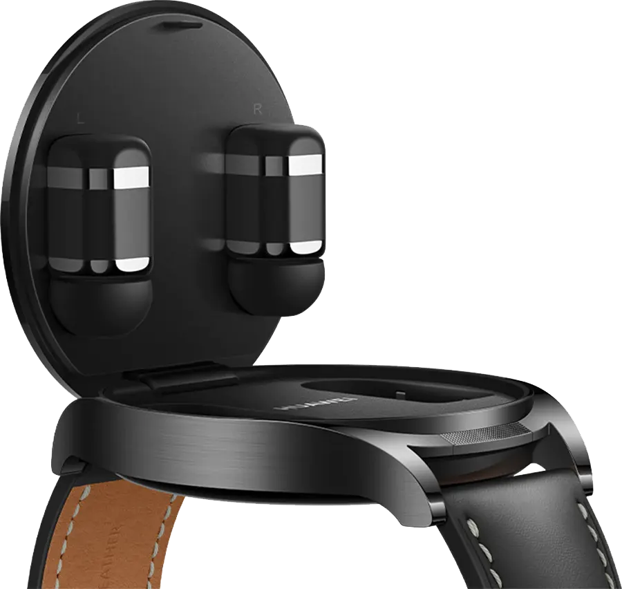 ساعة هواوي الذكية مع سماعات اير بودز ، شاشة اموليد 1.43 بوصة، سوار جلد، مقاومة للماء، لون سود