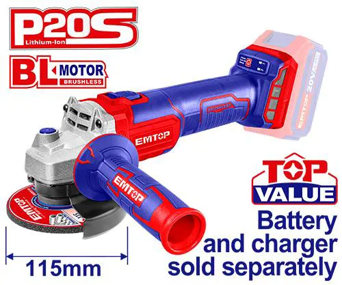Emtop Brushless angle grinder, 20V ,115mm, ELAG201158