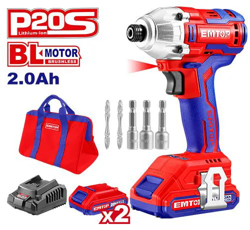 Emtop impact driver, 20 volt, 2x 2.0 Ah batteries, ECDLIR20221