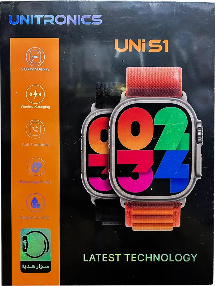 ساعة يوني ترونيكس	 الذكيةUni S1 ،شاشة 2.06 بوصة IPS تعمل باللمس، مقاومة للماء ،بطارية 250 مللي أمبير ،أسود