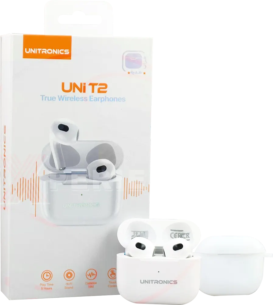 Unitronics Uni T2 Earbuds, Bluetooth 5.1, 330 mAh Battery, White