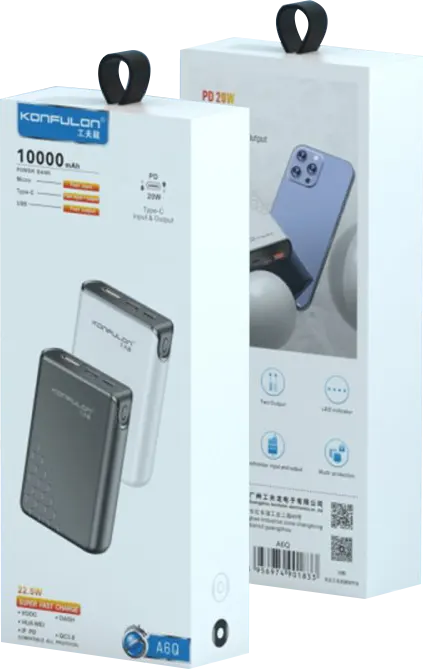Konfulon Power Bank, 10000 mAh, 5V, 22.5W, Black-White, A6Q