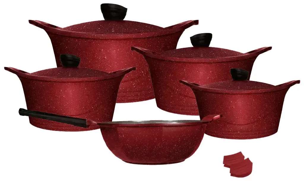 Glory Luxe Granite Cookware Set + Frying Pan, 11 Pieces, Red