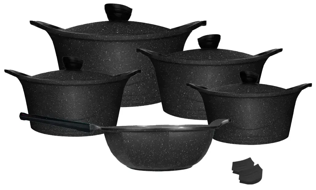 Glory Luxe Granite Cookware Set + Frying Pan, 11 Pieces, Black